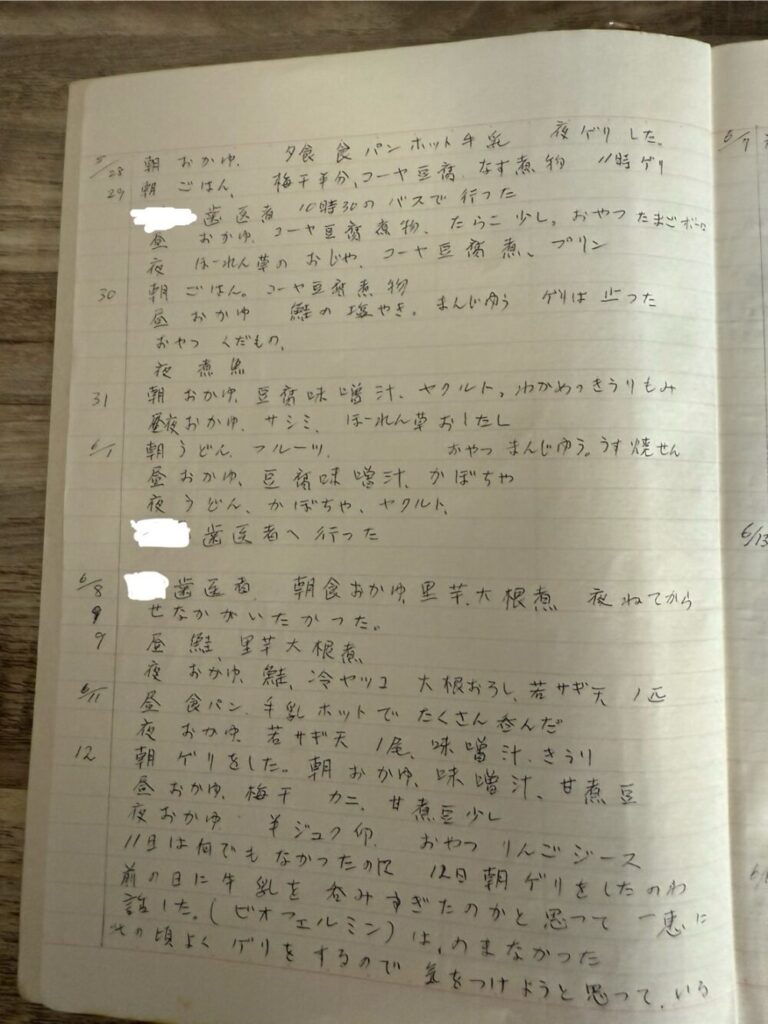 祖母の手書き日記。1998年5月28日〜6月12日の出来事と食事内容が記録されている。
